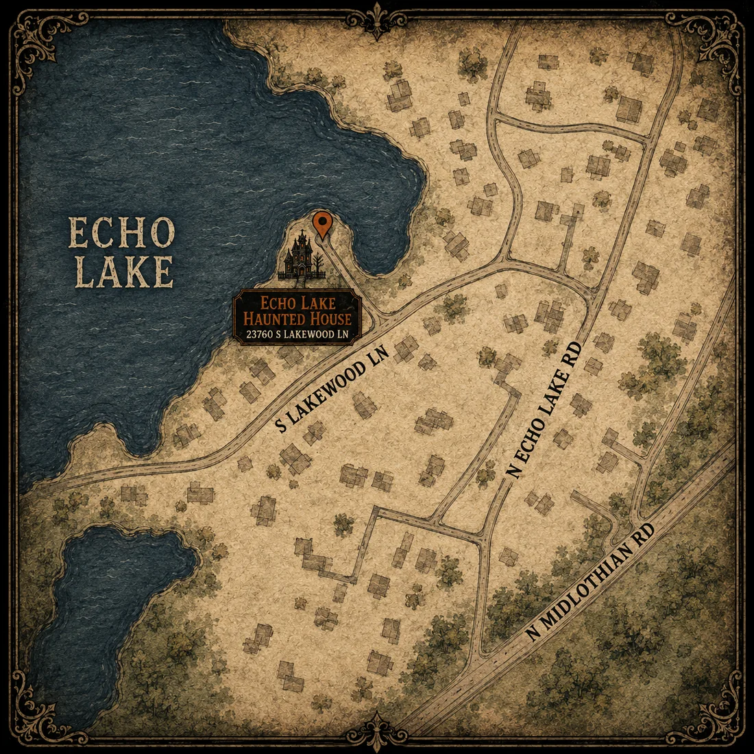 Stylized map showing Echo Lake Haunted House at 23760 South Lakewood Lane